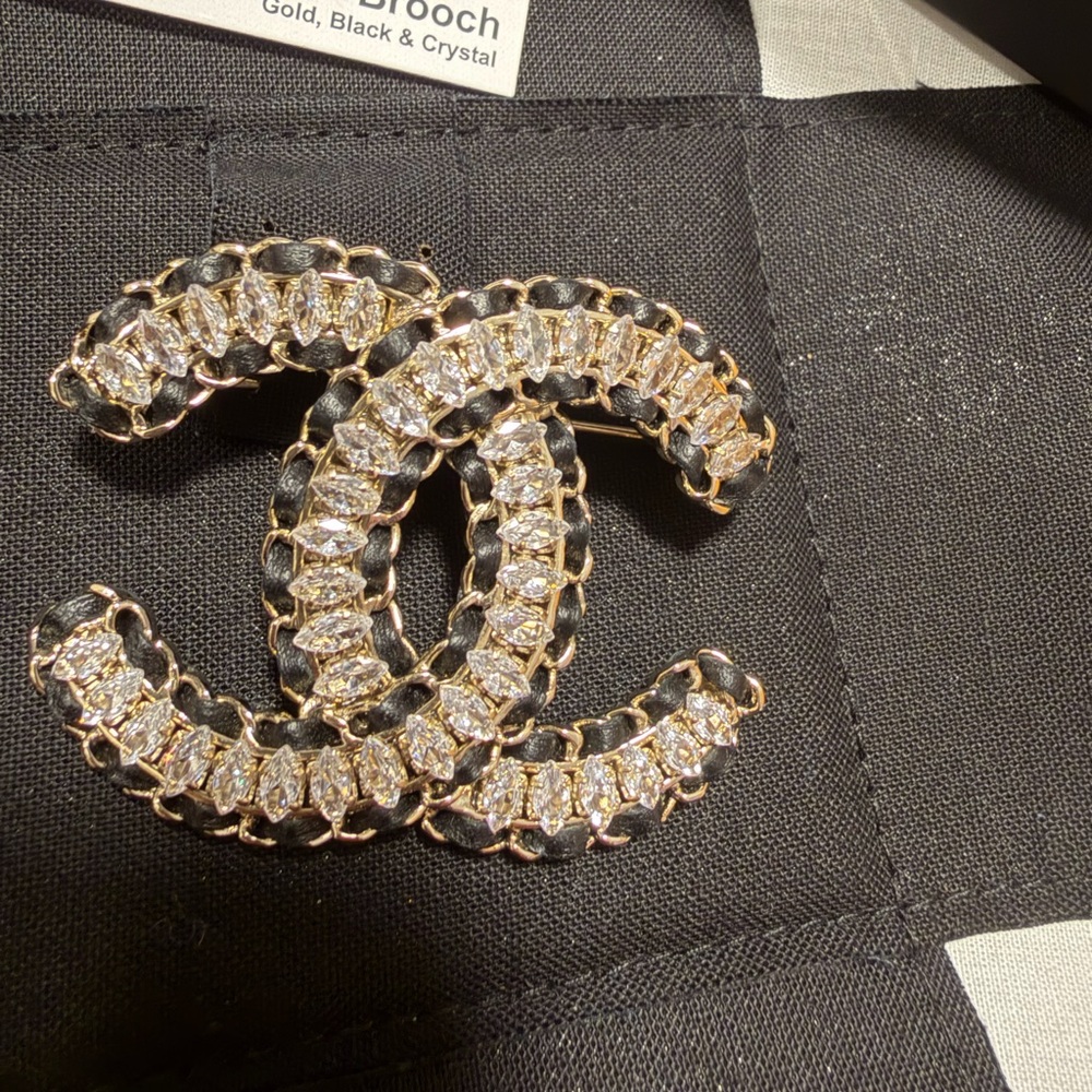 CHANEL Gold and Black Crystal Brooch